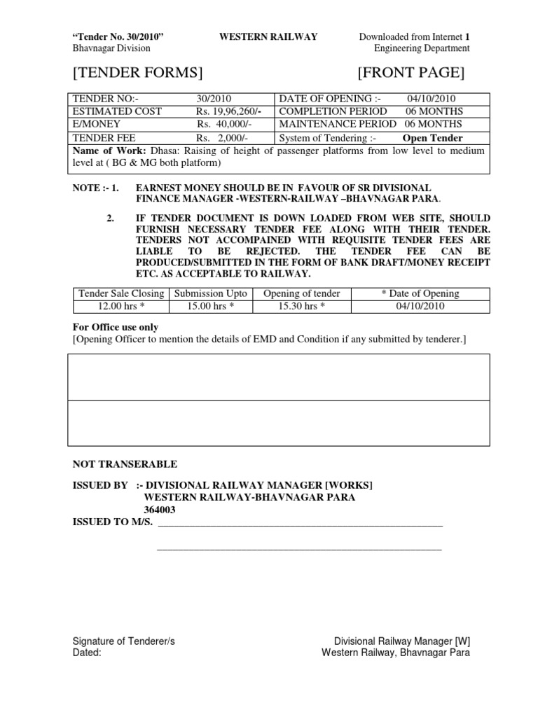 (Tender Forms) (Front Page) : Bhavnagar Division Engineering Department ...