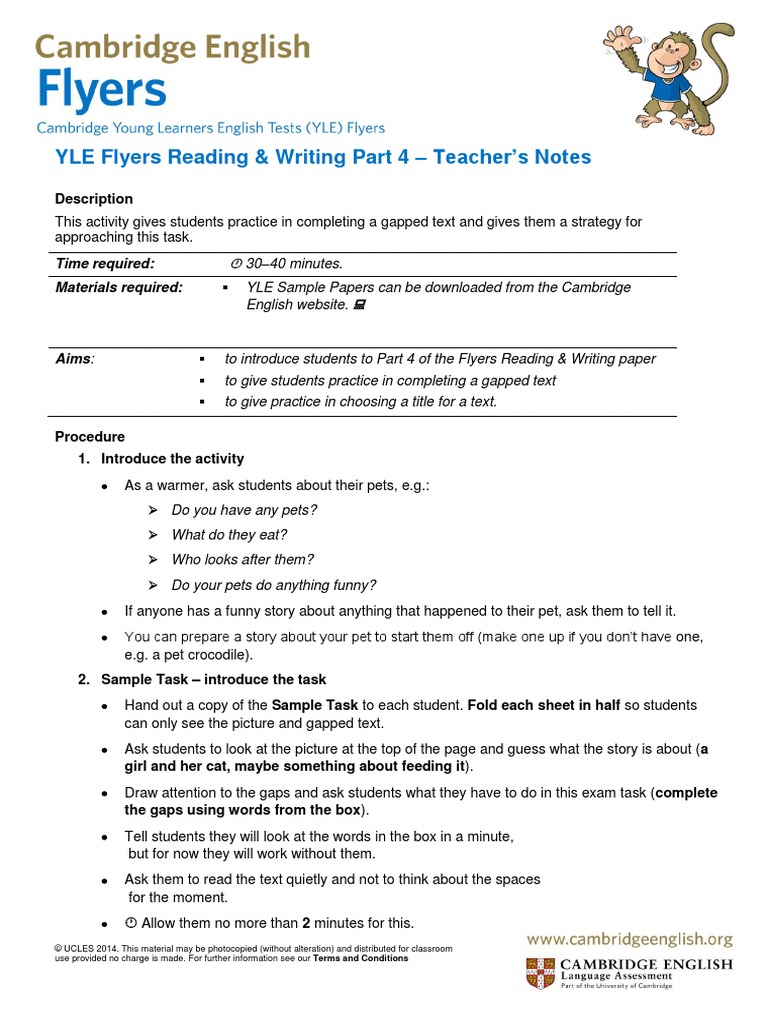 Cambridge English Flyers Reading and Writing Part 3 PDF Verb Question