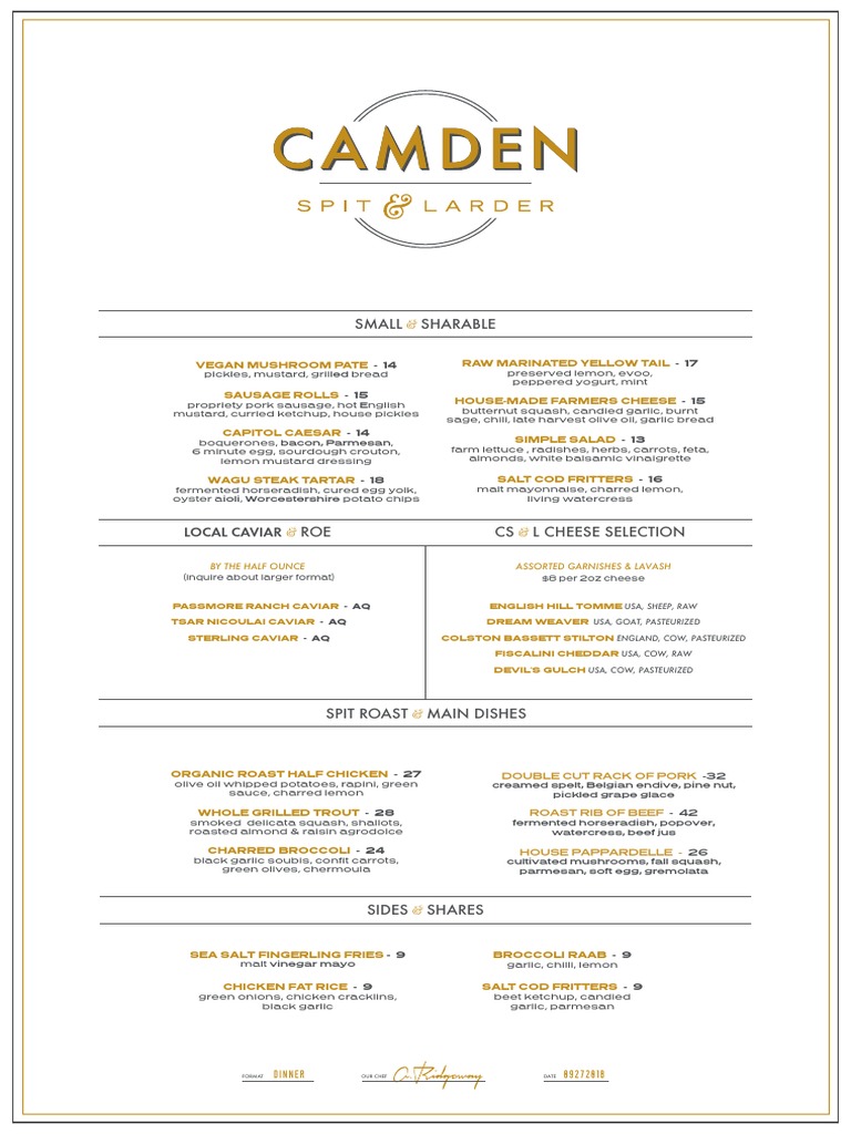 Camden Spit & Larder Opening Menu PDF Pickling French Fries