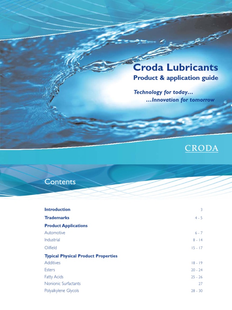 Croda Lubricants: Product & Application Guide | PDF | Ester | Lubricant