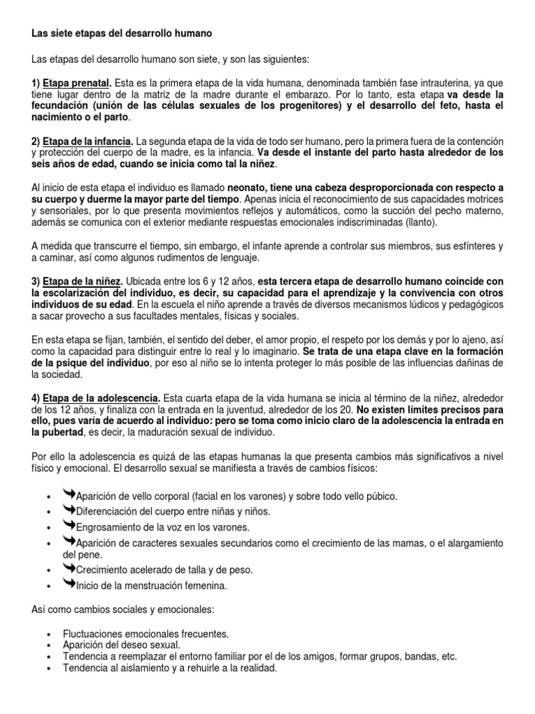 Siete etapas del desarrollo humano | PDF | Adultos | Adolescencia