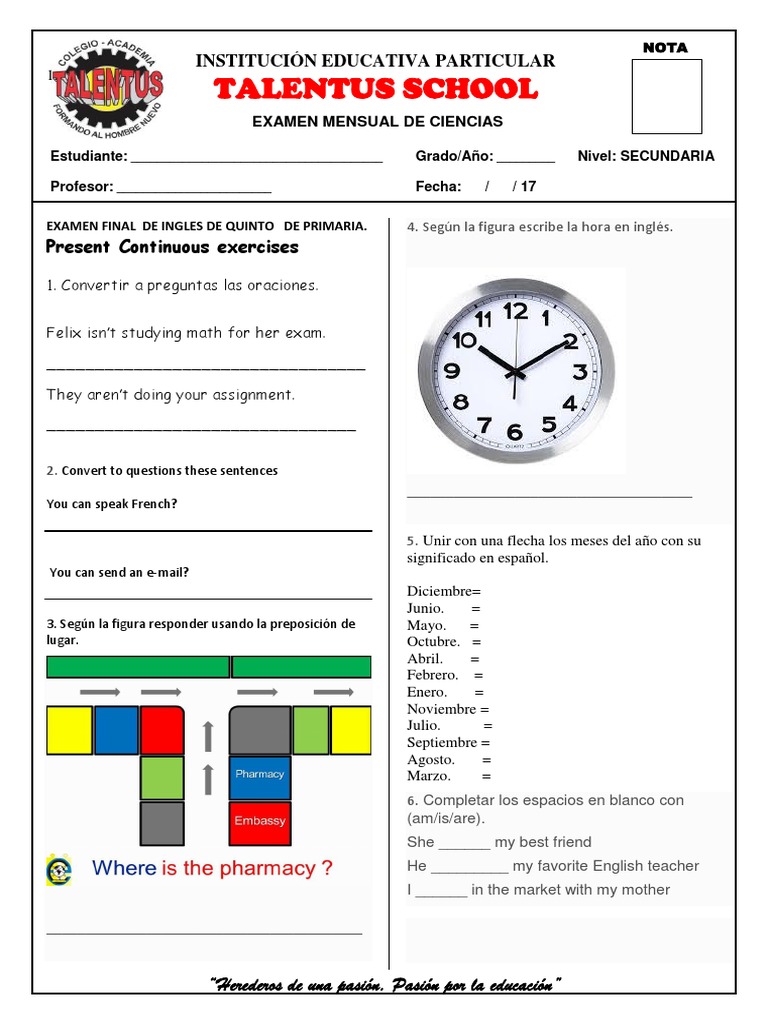 Examen Final de Ingles de Quinto de Primaria PDF Ocio
