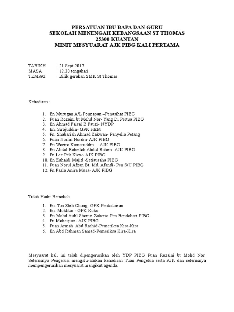 Contoh Minit Mesyuarat Ajk Ke 1 2017 18