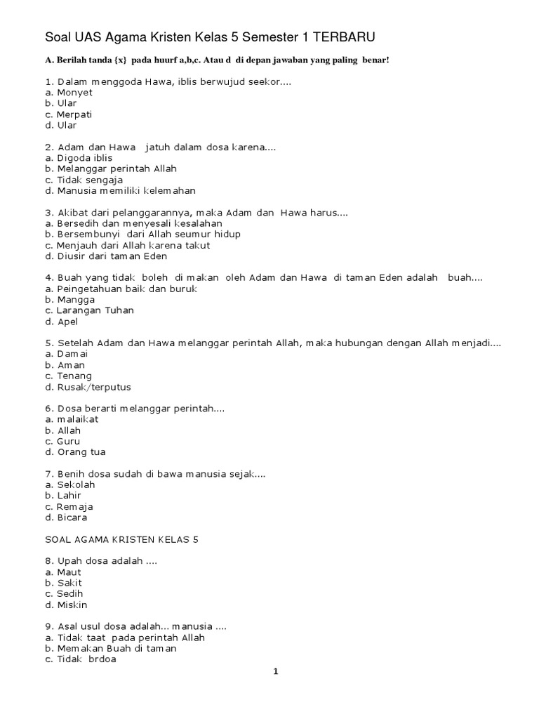 Soal Agama Kristen Kelas Xii Semester 1