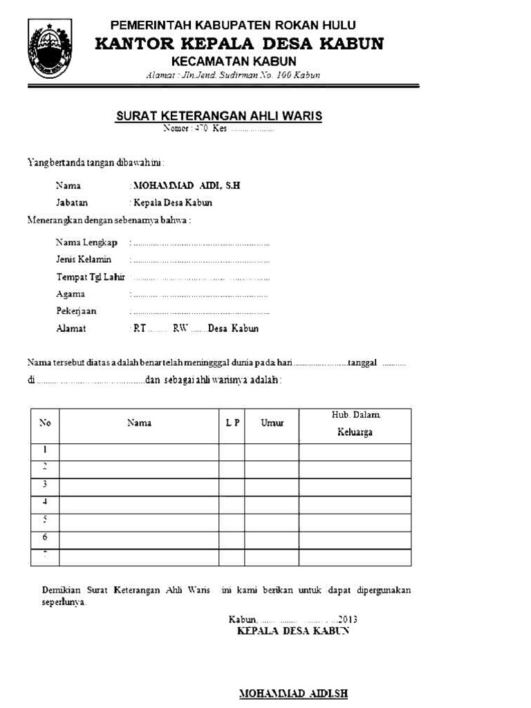 Contoh Surat Keterangan Ahli Waris Yang Sah Menurut Hukum Doc