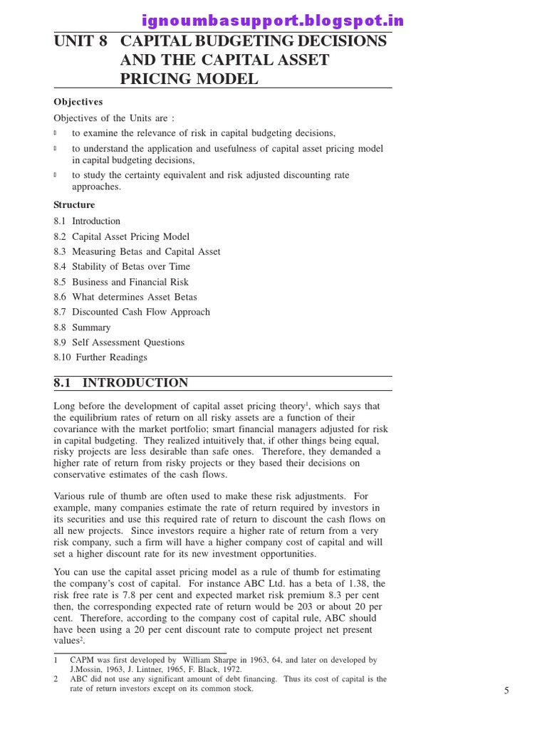 Unit 8 Capital Budgeting Decisions and The Capital Asset Pricing Model ...