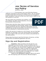 Pop Dreams Terms of Service and Privacy Policy: Sign-Up and Registration