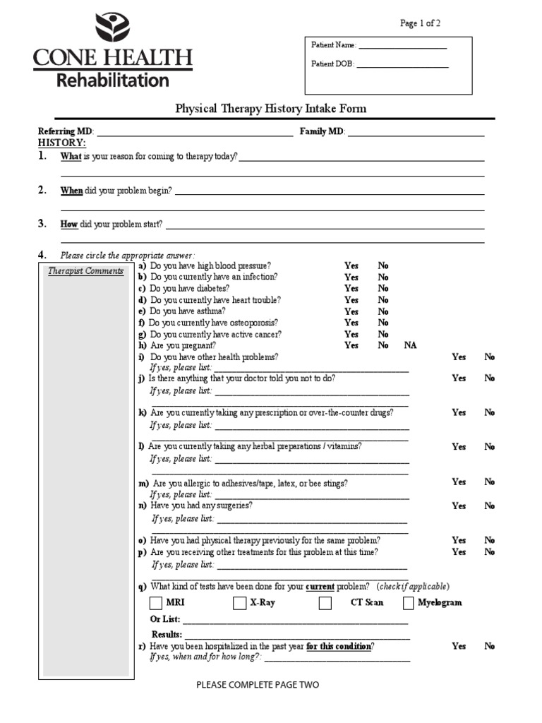 Outpatient Rehab Adult Physical Therapy Medical History | PDF ...