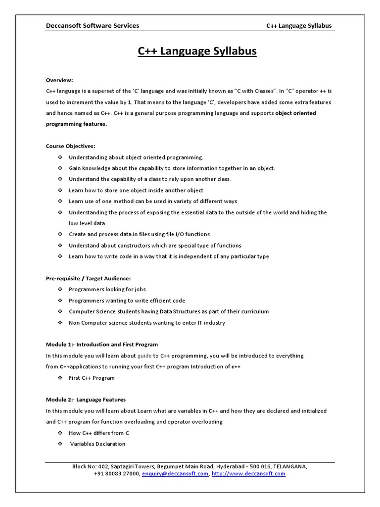 C++ Language Syllabus: Deccansoft Software Services | PDF | C++ | Class ...