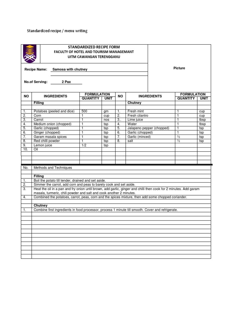 Standardized Recipe Form PDF