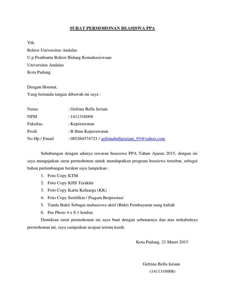 Surat Permohonan Beasiswa Ppa