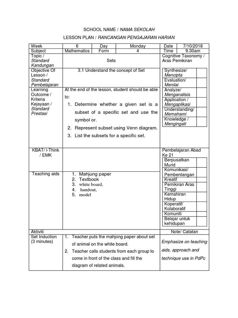Form 4 Math Lesson Plan: Sets | PDF | Lesson Plan | Teachers