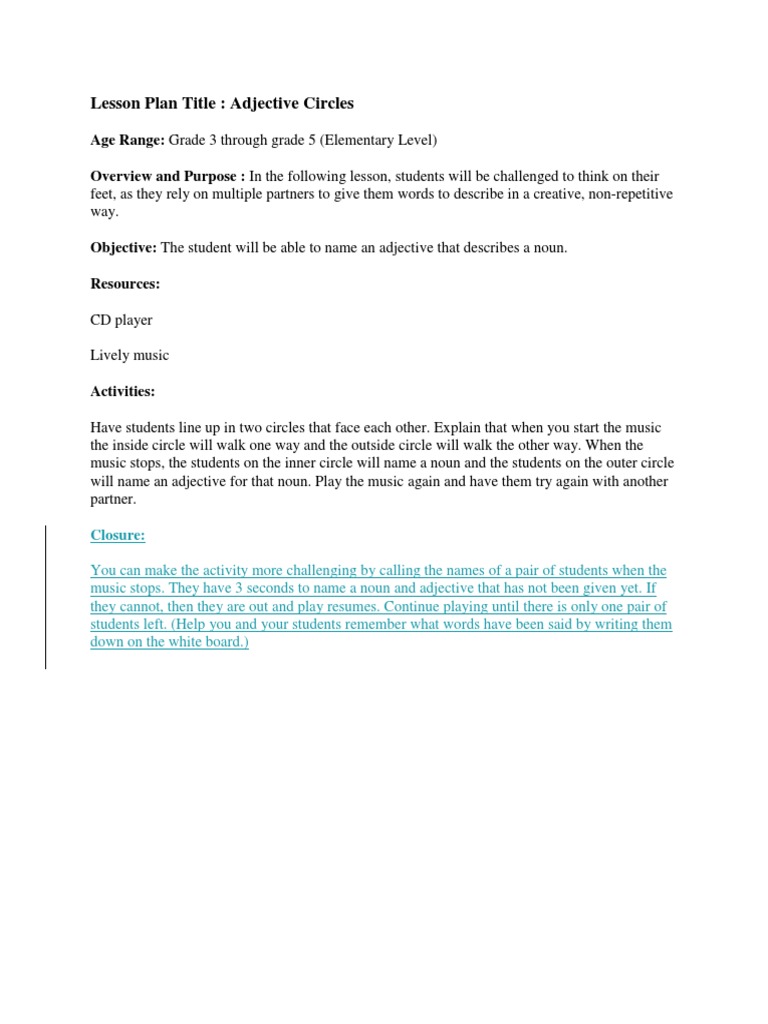 Adjective Circles Lesson Plan for Grades 3-5 | PDF | Art