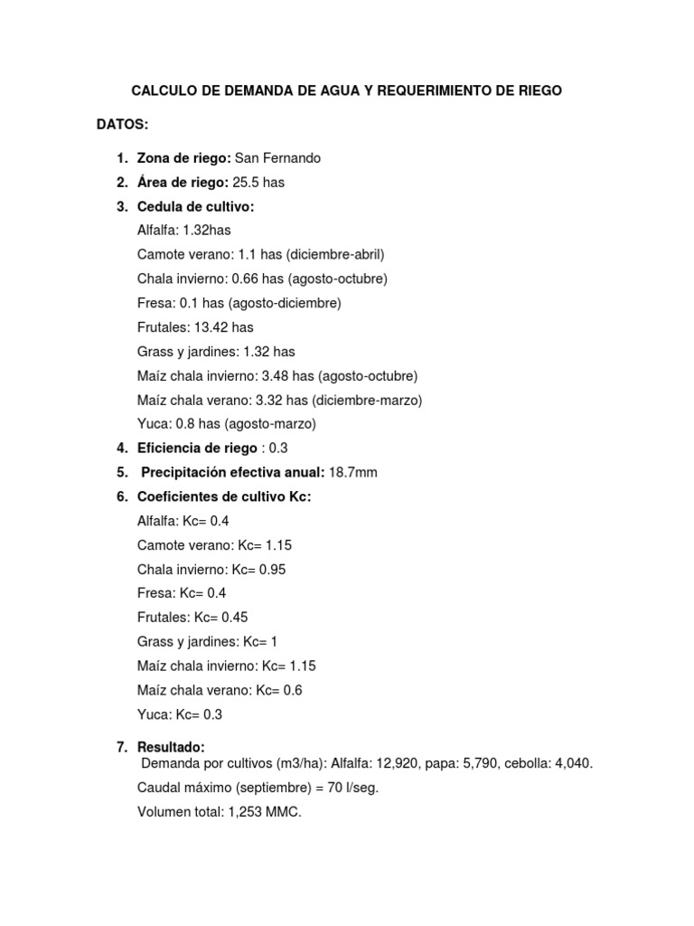 Calculo de Demanda de Agua y Requerimiento de Riego | PDF