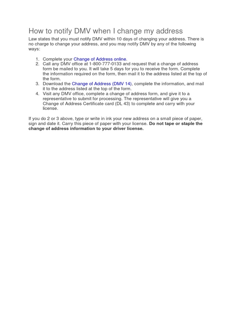 A document detailing the process of notifying the DMV of an address change