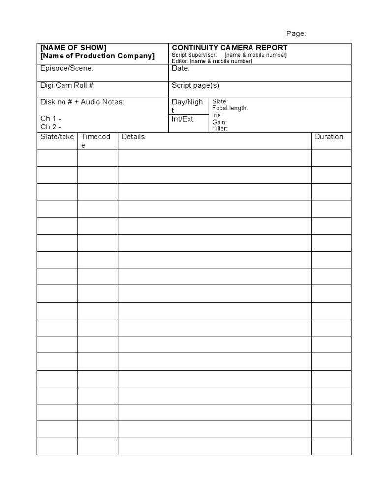 Continuity Log Template PDF
