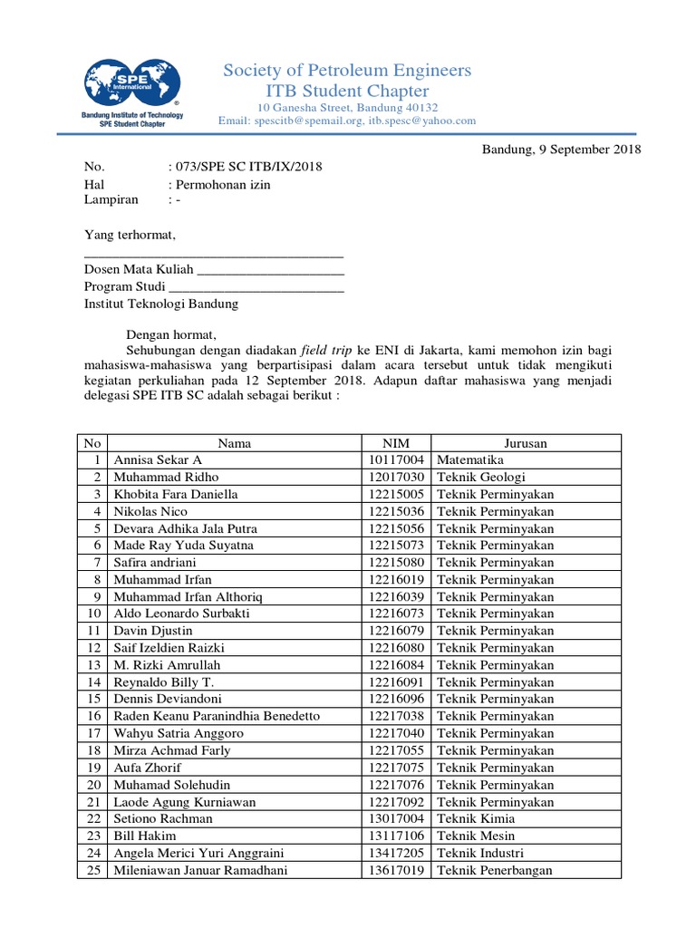 Contoh Surat Izin Field Trip