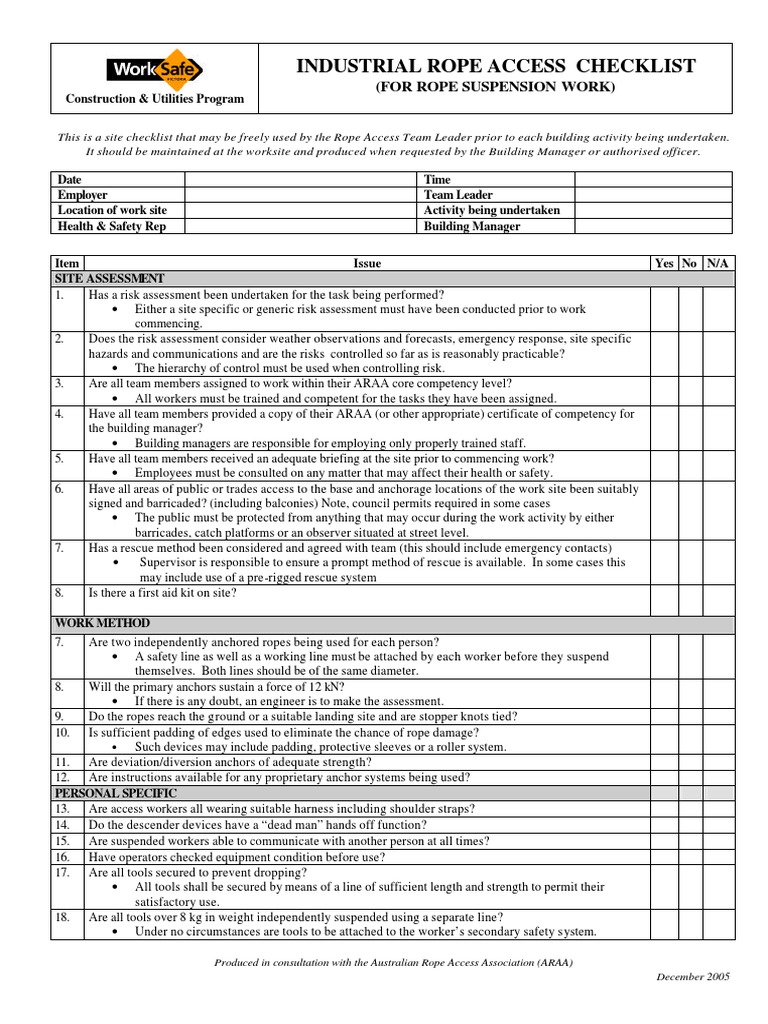Industrial Rope Access Checklist PDF | PDF | Occupational Safety And ...