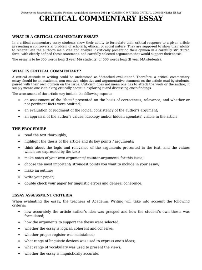 Critical Commentary Essay Guide | PDF | Essays | Argument