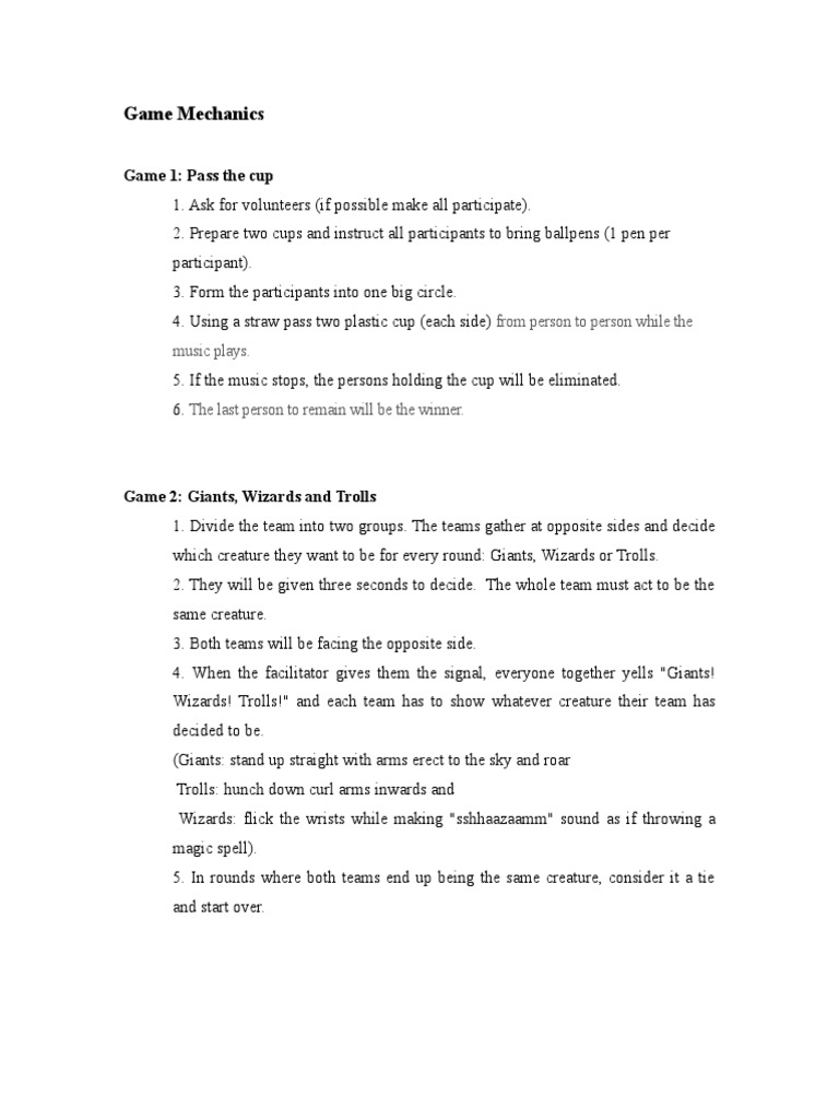 Game Mechanics Game 1 Pass The Cup Pdf Leisure