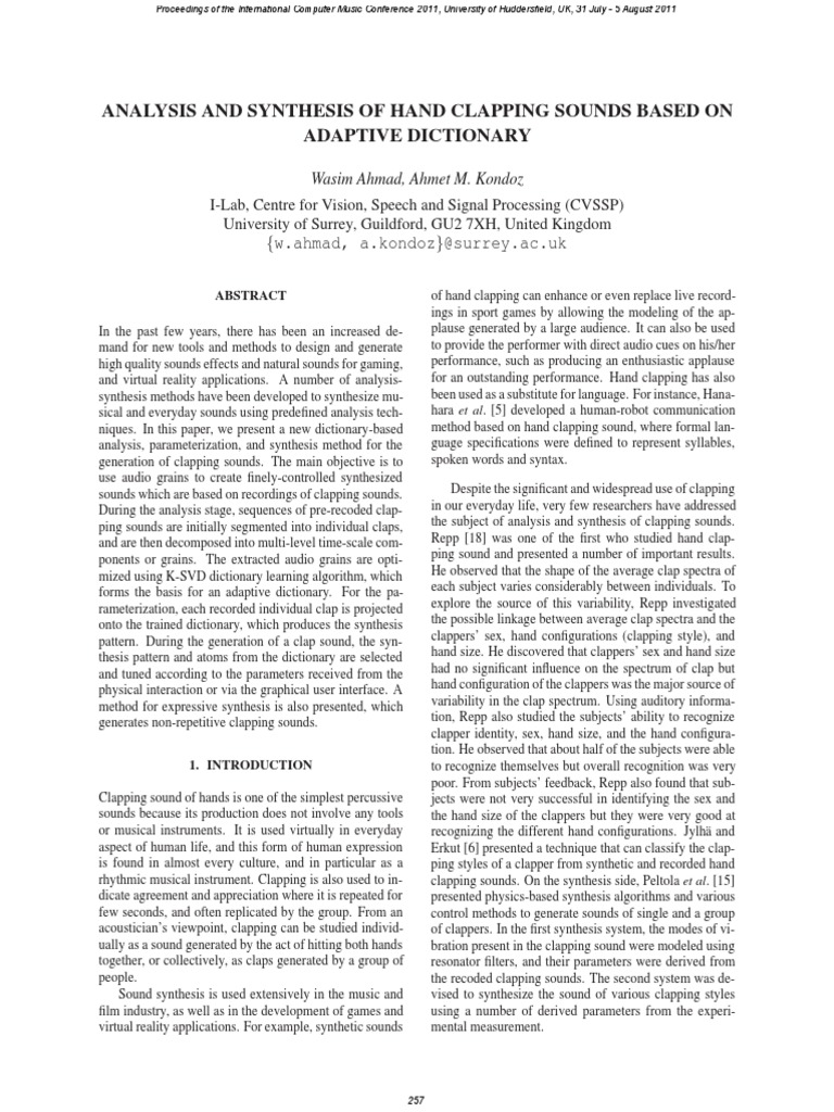 Analysis and Synthesis of Hand Clapping Sounds Based On Adaptive ...