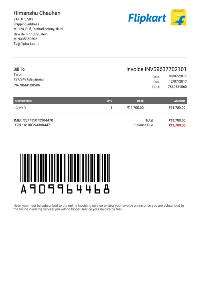 Invoice for LG K10 Purchase | PDF