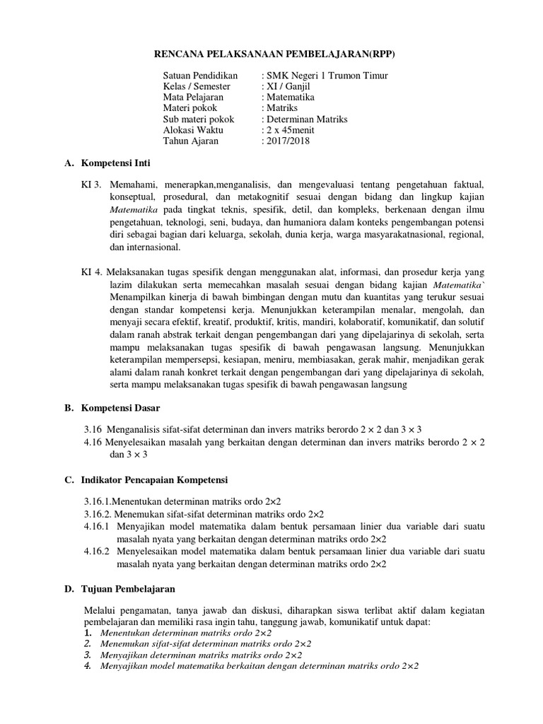 RPP Matematika: Determinan Matriks 2x2 | PDF