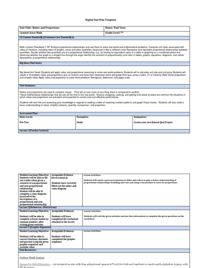 7th Grade Ratios and Proportions Unit Plan | PDF | Ratio | Educational ...