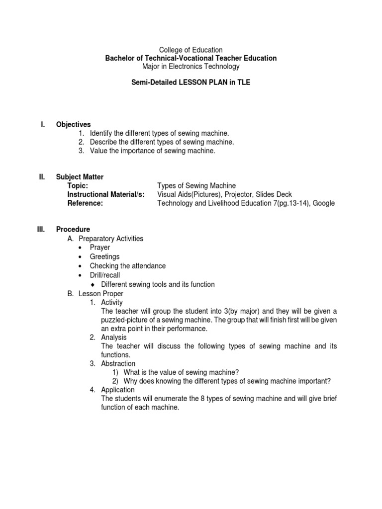 Lesson Plan TLE Sewing Sewing Machine