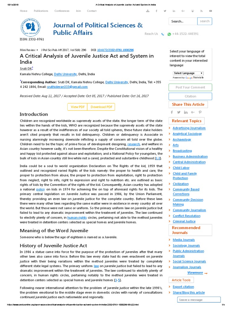 A Critical Analysis of Juvenile Justice Act and System in India | PDF ...