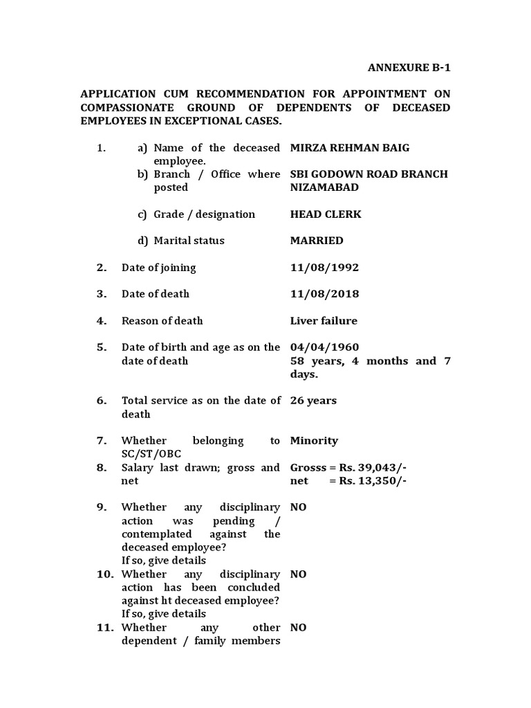SBI Compassionate Appointment Form | PDF | Employment | Banks