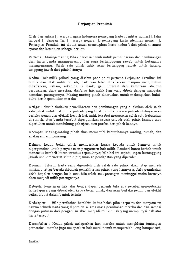 Contoh Surat Perjanjian Pra Nikah Malaysia