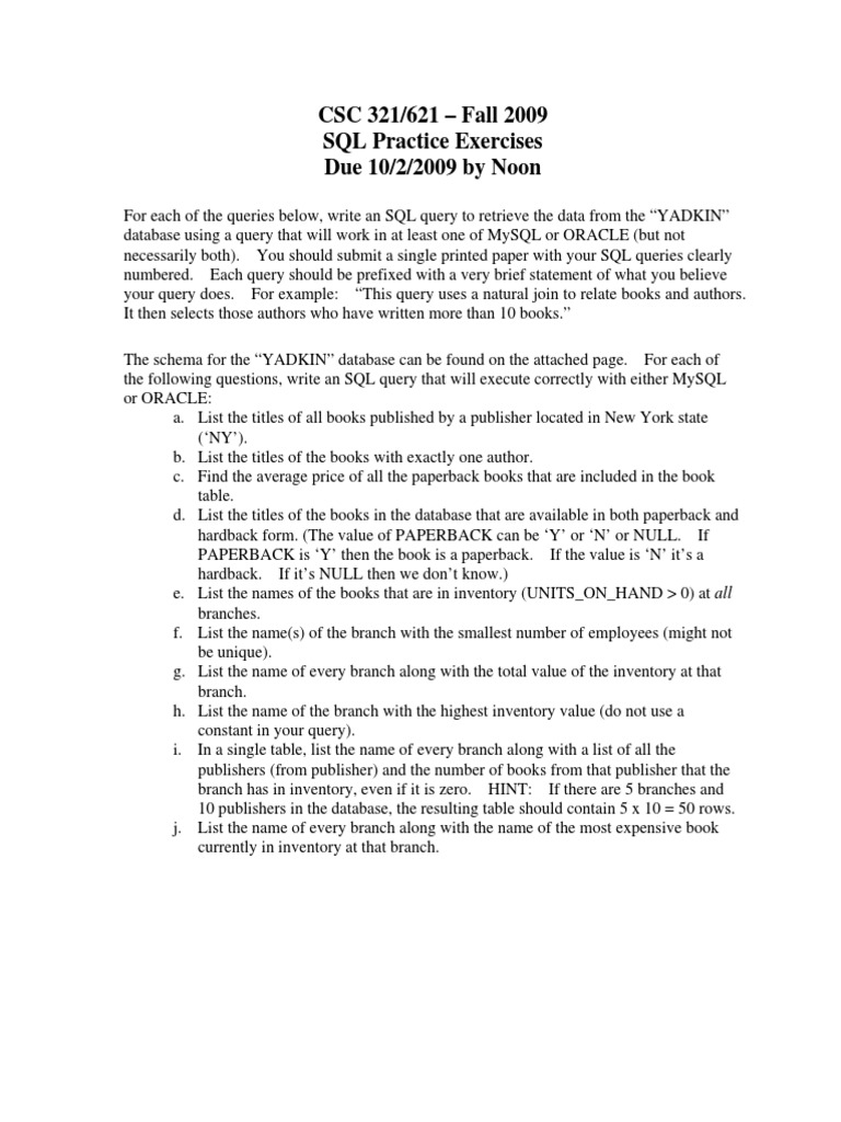 SQL Exercises PDF | PDF | Sql | Oracle Database