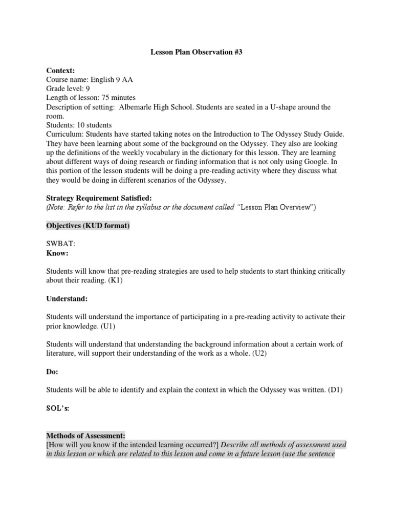 Lesson Plan Observation #3 Context | PDF | Educational Assessment ...