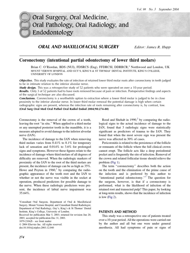 Coronectomy Outcomes in Oral Surgery | PDF | Diseases And Disorders ...