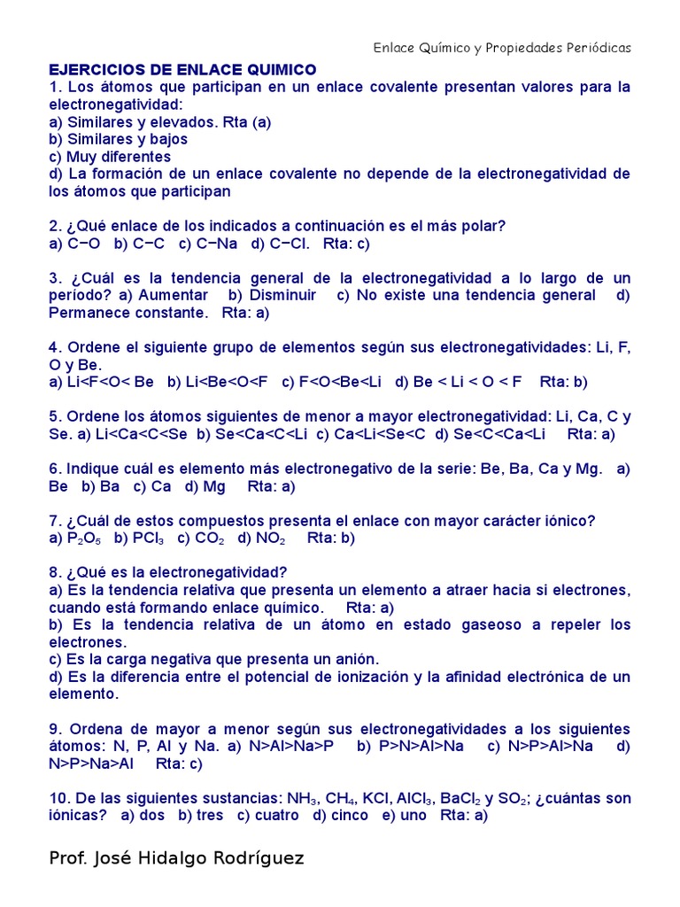 Enlacequim Ejerc Doc Enlace Covalente Enlace Quimico