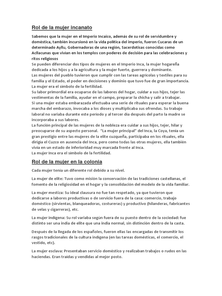 Rol de la mujer en el Imperio Incaico | PDF | Imperio Inca | Mujer