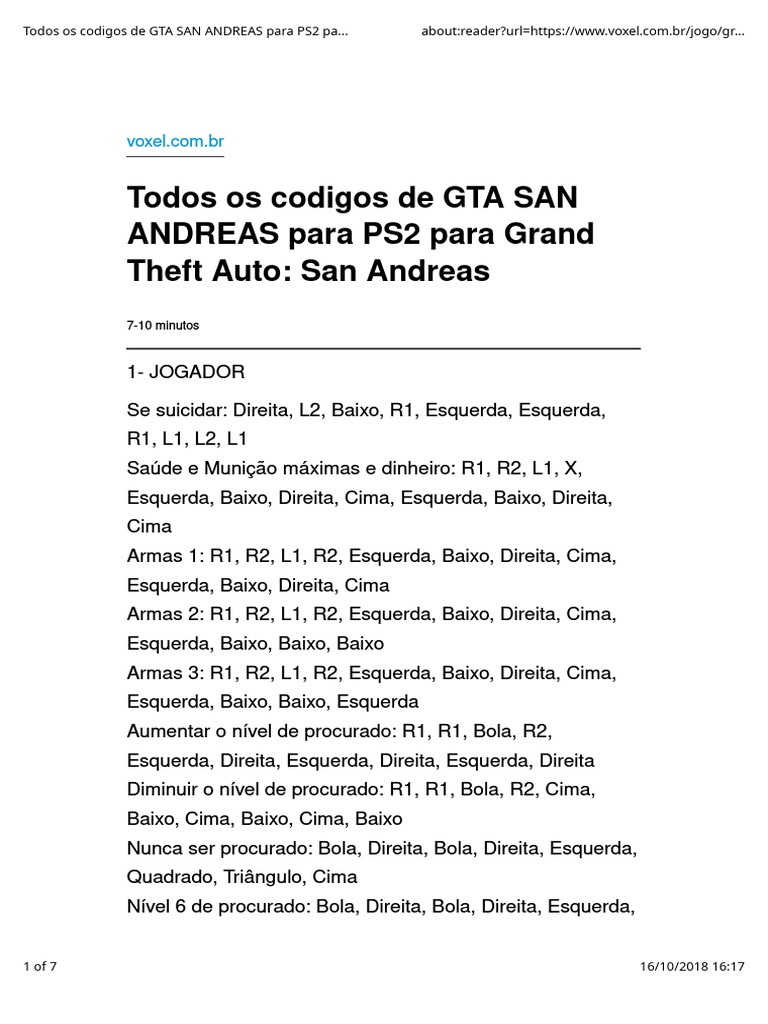 Todos Os Codigos de GTA SAN ANDREAS para PS2 para Grand Theft Auto San