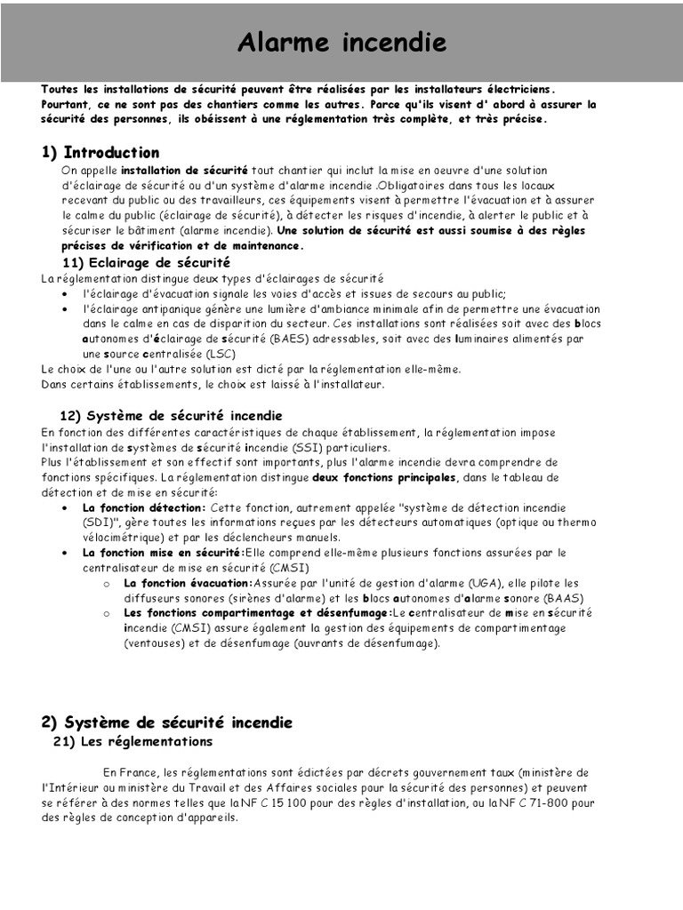 Alarme Incendie. 1) Introduction. 2) Système de Sécurité Incendie | PDF ...