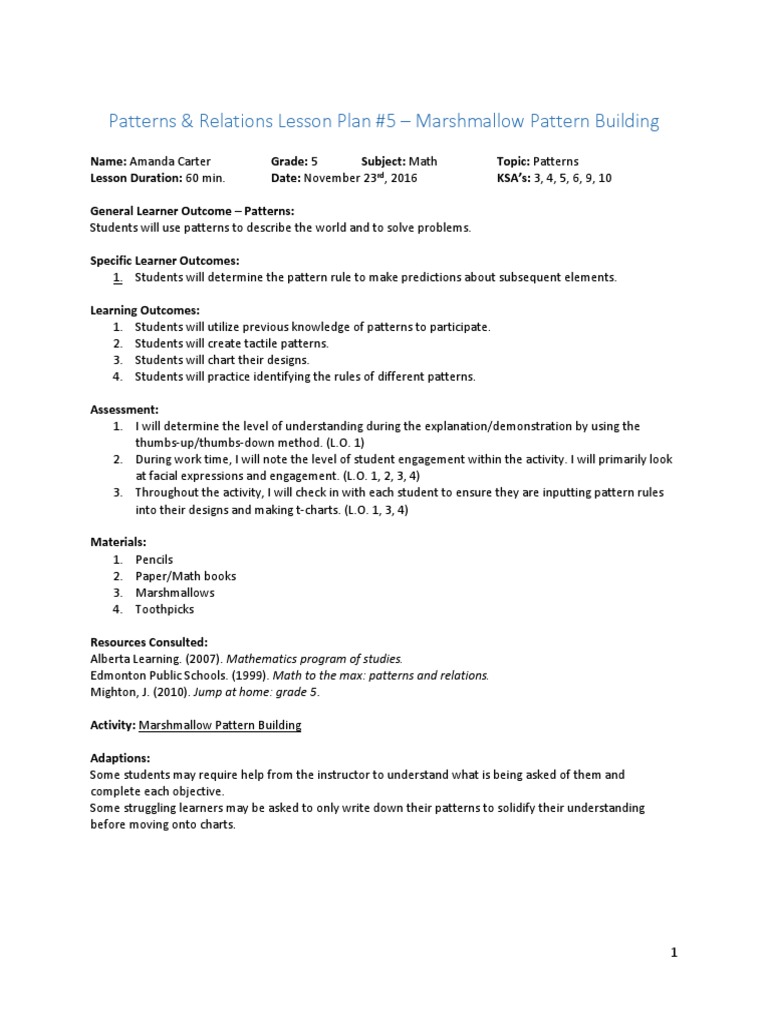 Patterns Lesson Plan 5 Marshmallow Activity PDF Lesson Plan