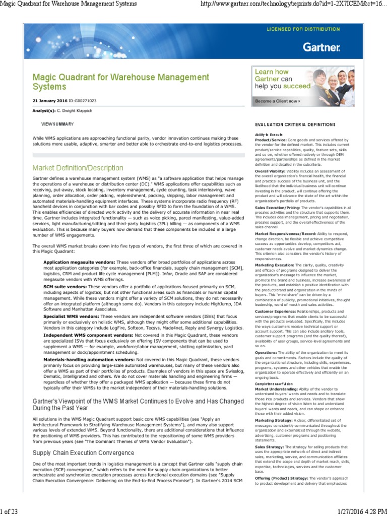 Gartner Magic Quadrant Wms 2884695 | PDF | Supply Chain Management ...