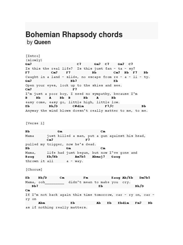 Bohemian Rhapsody Chords Oral Literature Performing Arts Free 30