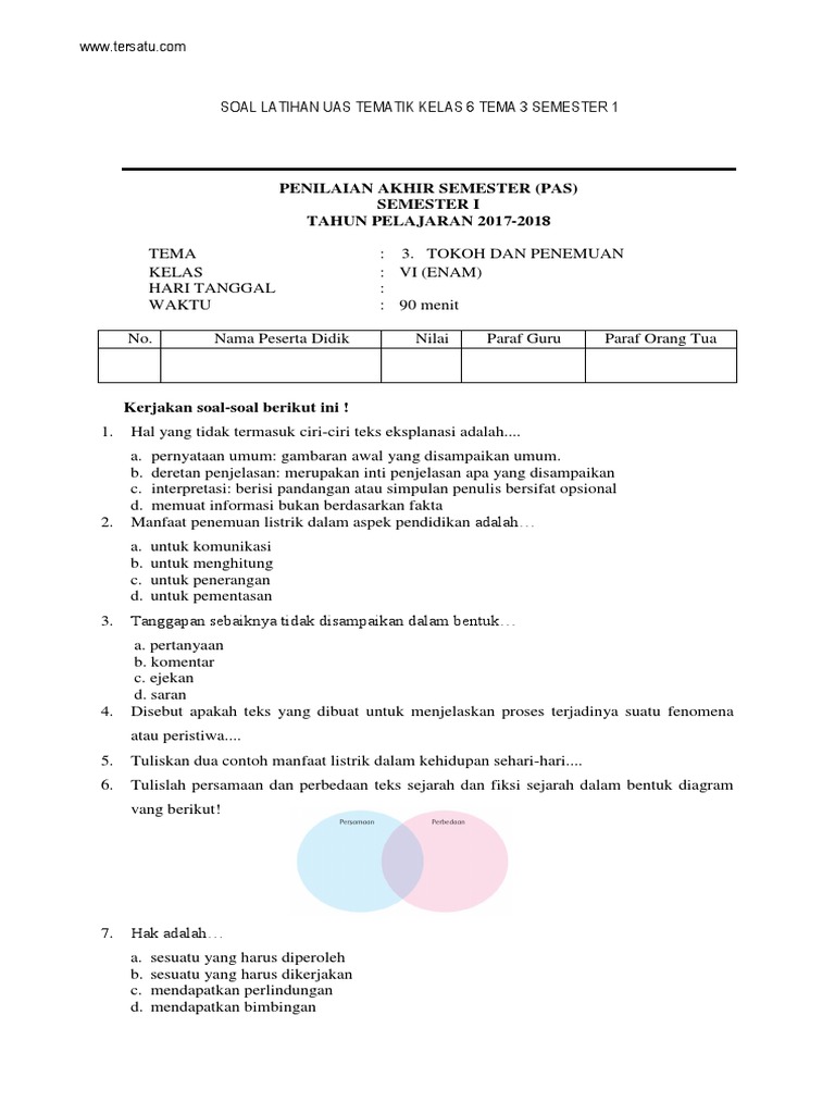 Soal Pas Kelas 6 Tema 3 Semester 1