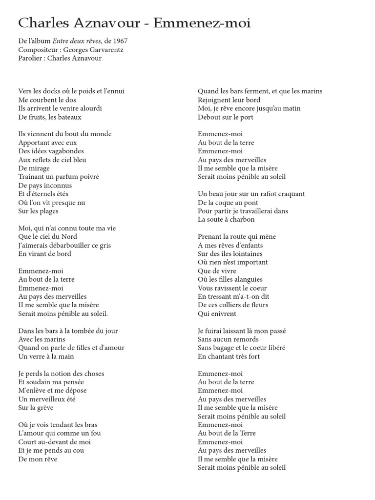 Emmenez Moi Au Pays Des Merveilles Emmenez-Moi Paroles Et Activités | PDF | Navire de charge | Bateaux