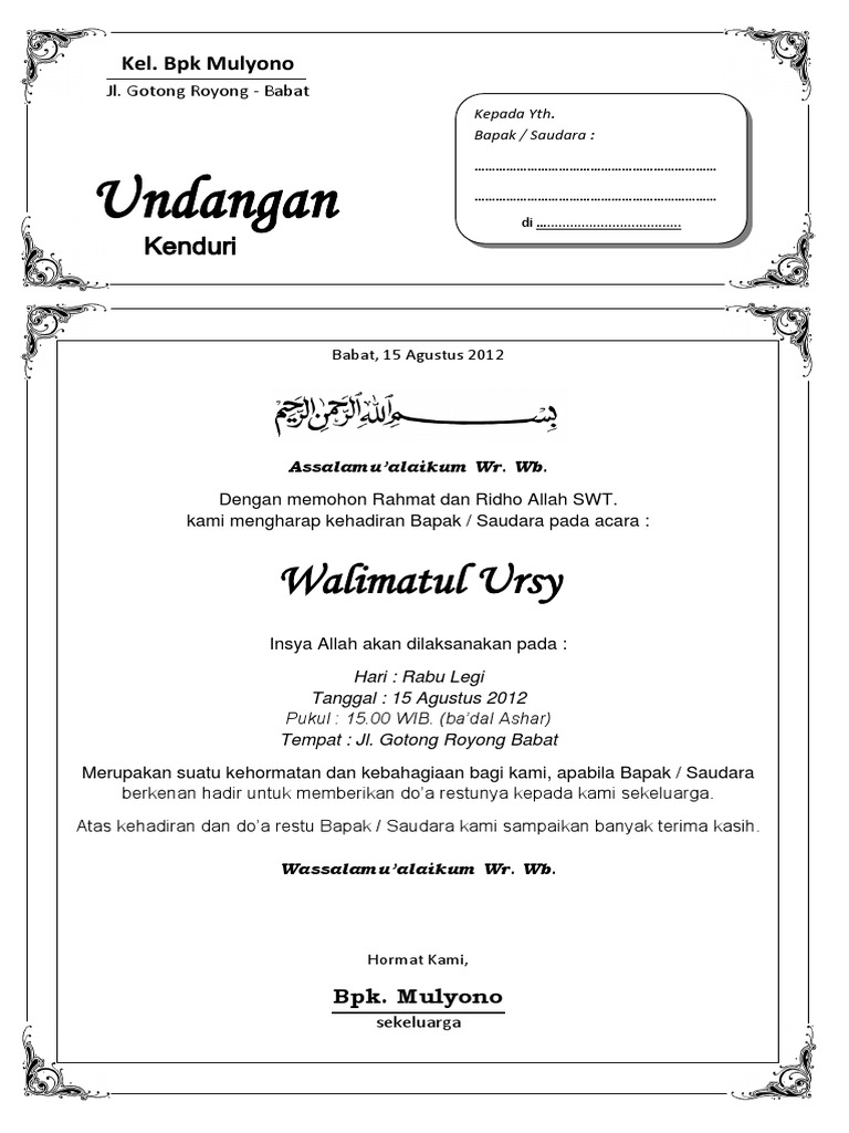92+ Contoh Undangan Walimatul Nikah Word HD Terbaru