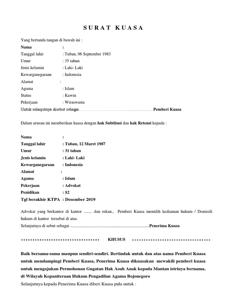 Contoh Surat Kuasa Hak Asuh Anak