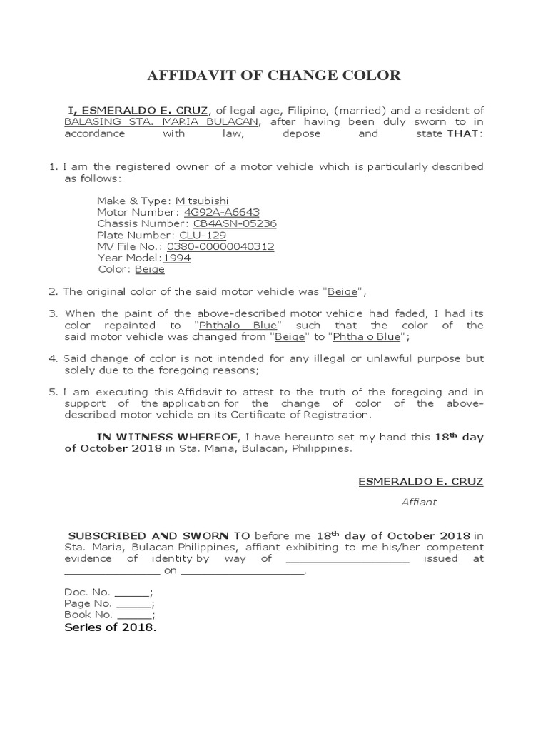 Affidavit of Change of Color