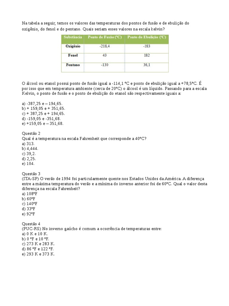 Exercícios de Conversão de Temperatura | PDF