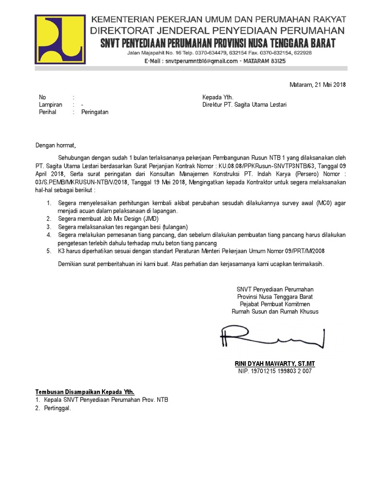 Contoh Surat Teguran Dari Ppk Kepada Kontraktor  Wulan Tugas