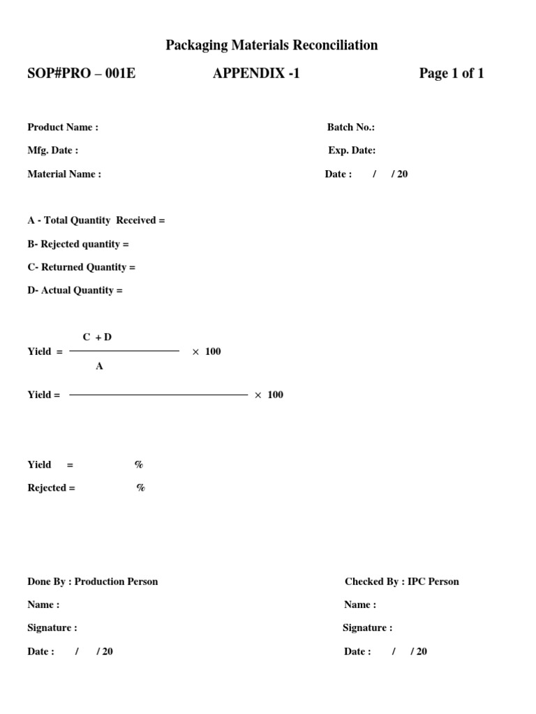 Packaging Materials Reconciliation SopPro 001E Appendix 1 Page 1